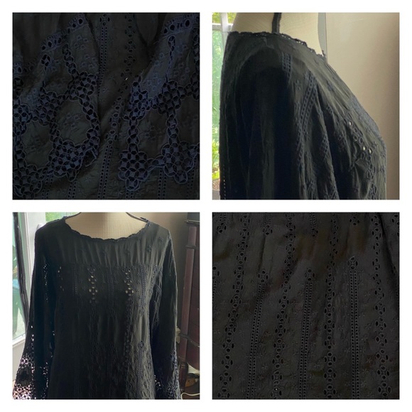 SOLD Johnny Was Black Embroidered Eyelet Lace S (fit M) Long Bell Sleeve Tunic - Picture 13 of 16